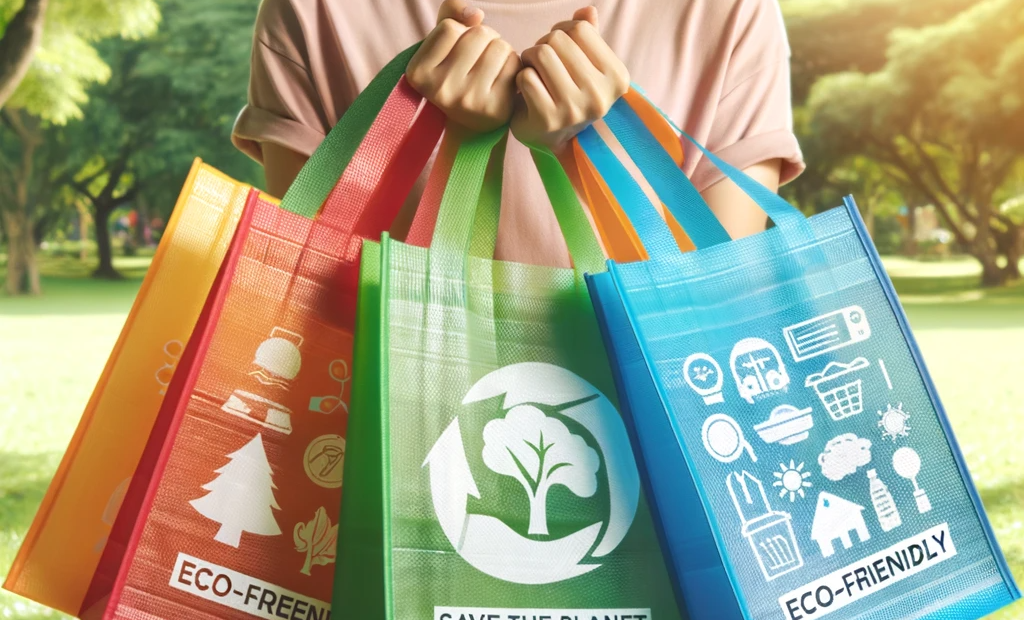 DALL·E 2024-02-01 21.46.20 - A person holding a selection of colorful biodegradable plastic carry bags in a park setting, emphasizing the eco-friendly aspect. The bags have vibran